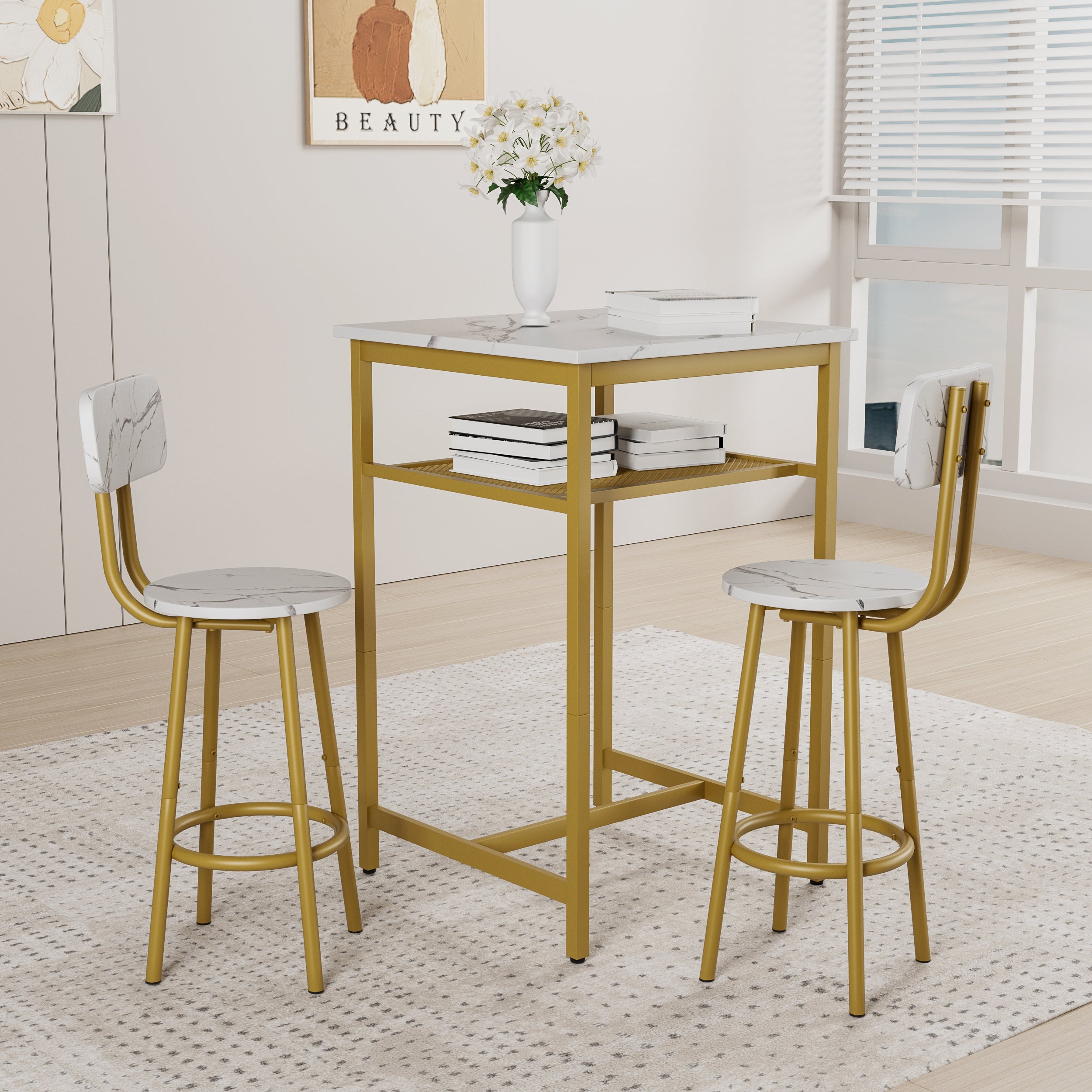 Bar table, equipped with 2 bar stools , with backrest and partition