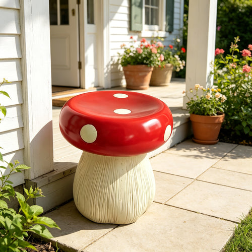 13.8" Oversized Mushroom Statue Stool, Resin Garden Stool with Forest Base – view 2