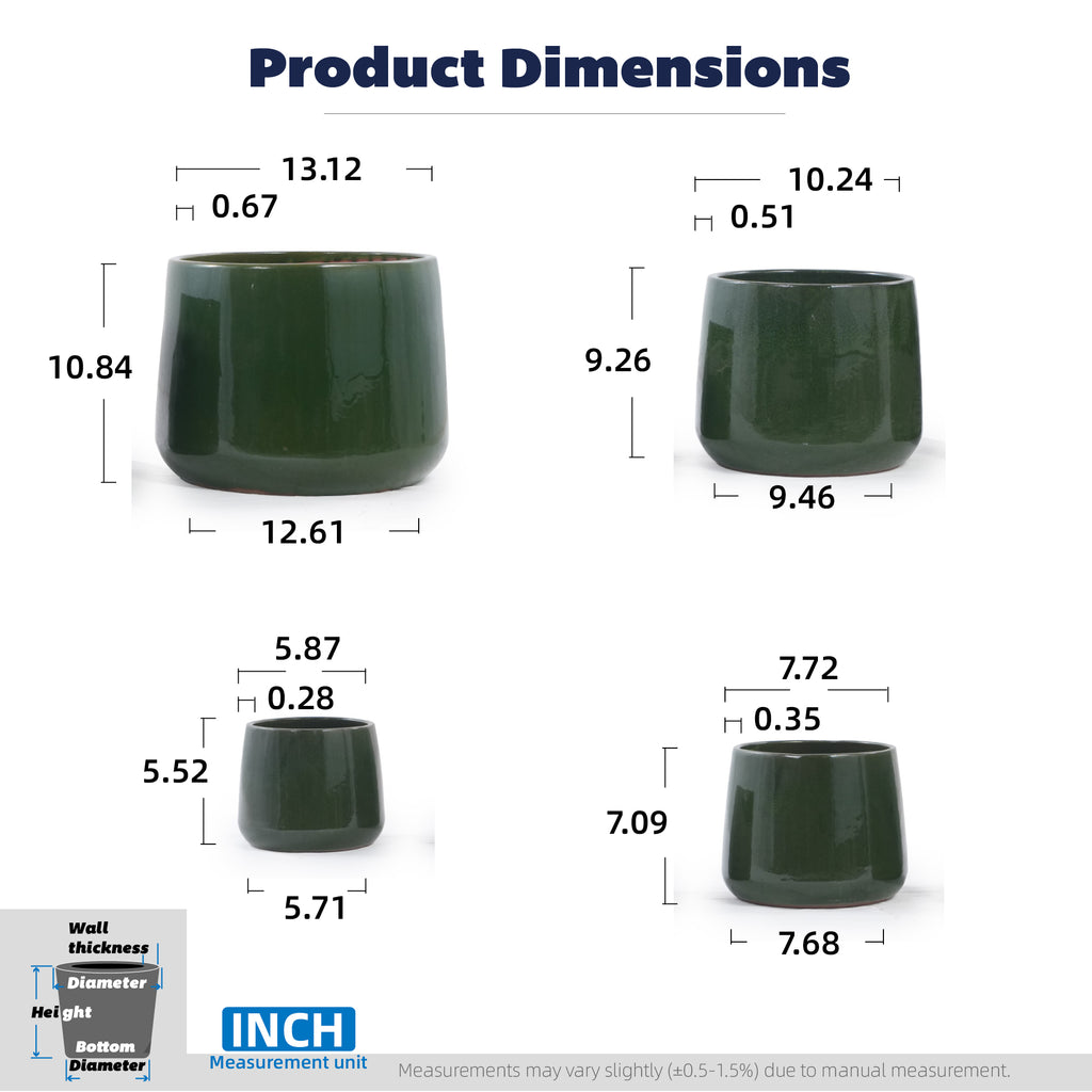 Handmade Solid Glazed Ceramic Planter Set of 4, 14/11/9/7 Inch Diameter, Deep Green – view 5