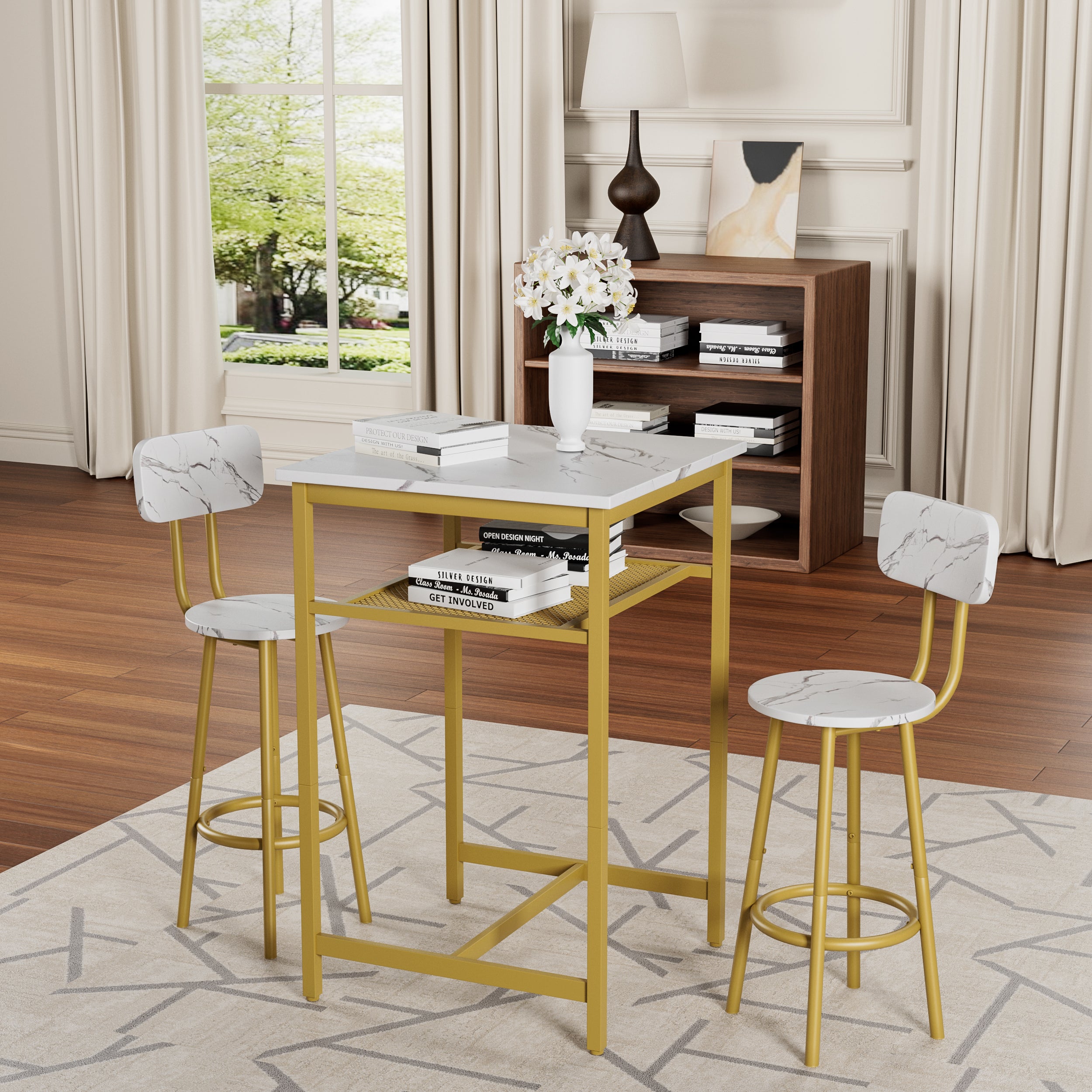 Bar table, equipped with 2 bar stools , with backrest and partition