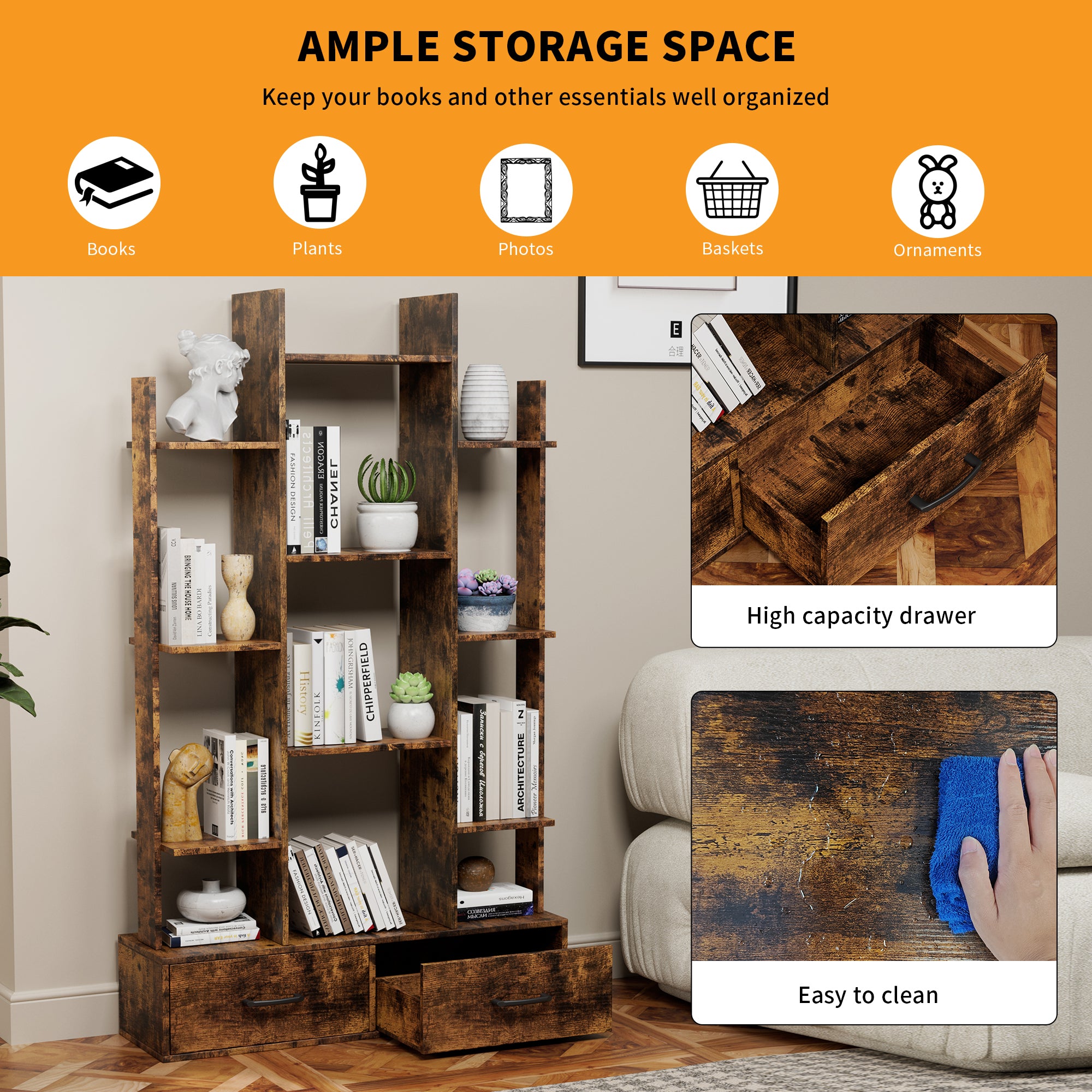 12-Shelf Tree Bookcase with 2 Drawers