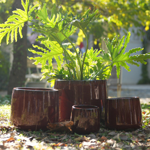 Handmade Solid Glazed Ceramic Planter Set of 4, 14/11/9/7 Inch Diameter, for Succulents and Cacti, Outdoor Garden & Indoor Stairs Use, Breathable Clay with Drainage Holes
