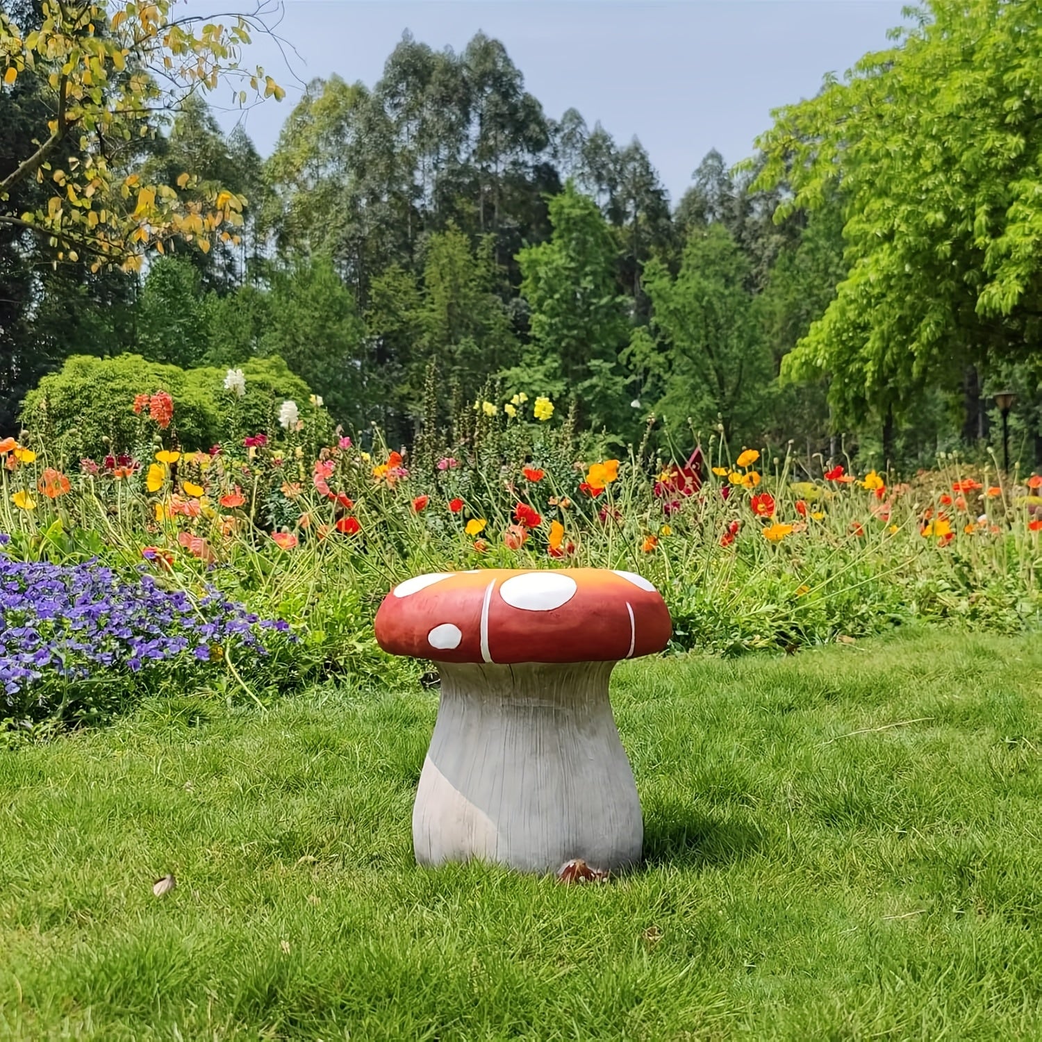 13.4" Oversized Mushroom Statue Stool, Resin Garden Stool with Forest Base – view 6