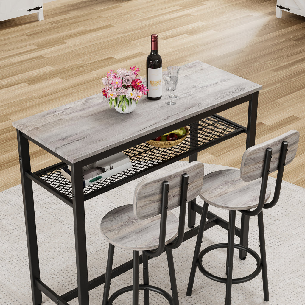 Bar Table and Chairs Set, Square Table With 2 Stools, Dining Pub Set for 2, Space Saving for Kitchen Breakfast, Living Room, Party Room, Grey