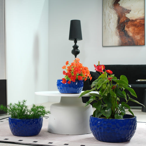 Handmade Ceramic Planter Set of 3, 15"/12"/10" Diameter, Cobalt Blue Hammered Texture, for Succulents & Violets, Indoor/Outdoor Use on Windowsill & Bookshelf, Breathable Clay
