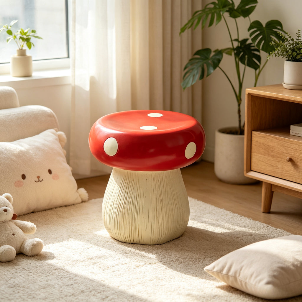 13.8" Oversized Mushroom Statue Stool, Resin Garden Stool with Forest Base – view 12