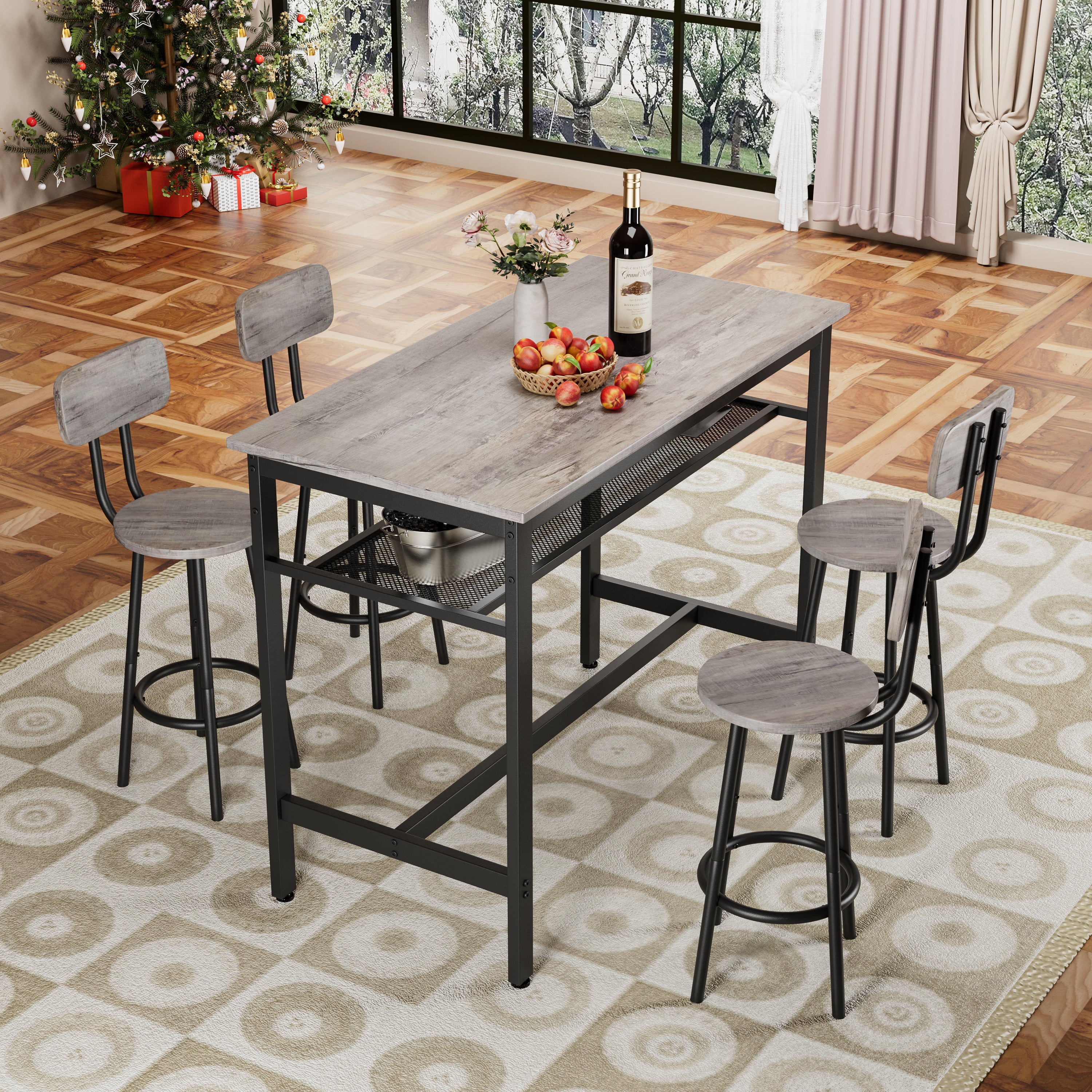 Bar Table and Chairs Set for 4, 5 Piece Counter Height High Breakfast Table Chairs Set of 4 for Dining Room, Kitchen, Bar, Apartment,Gray