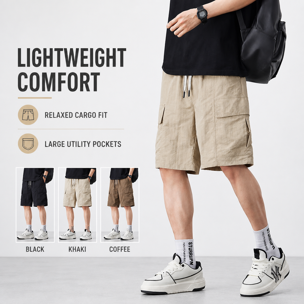 Men's lightweight cargo shorts — relaxed fit, utility pockets and three colors