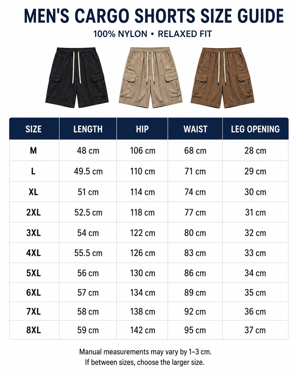 Men's cargo shorts size guide M through 8XL