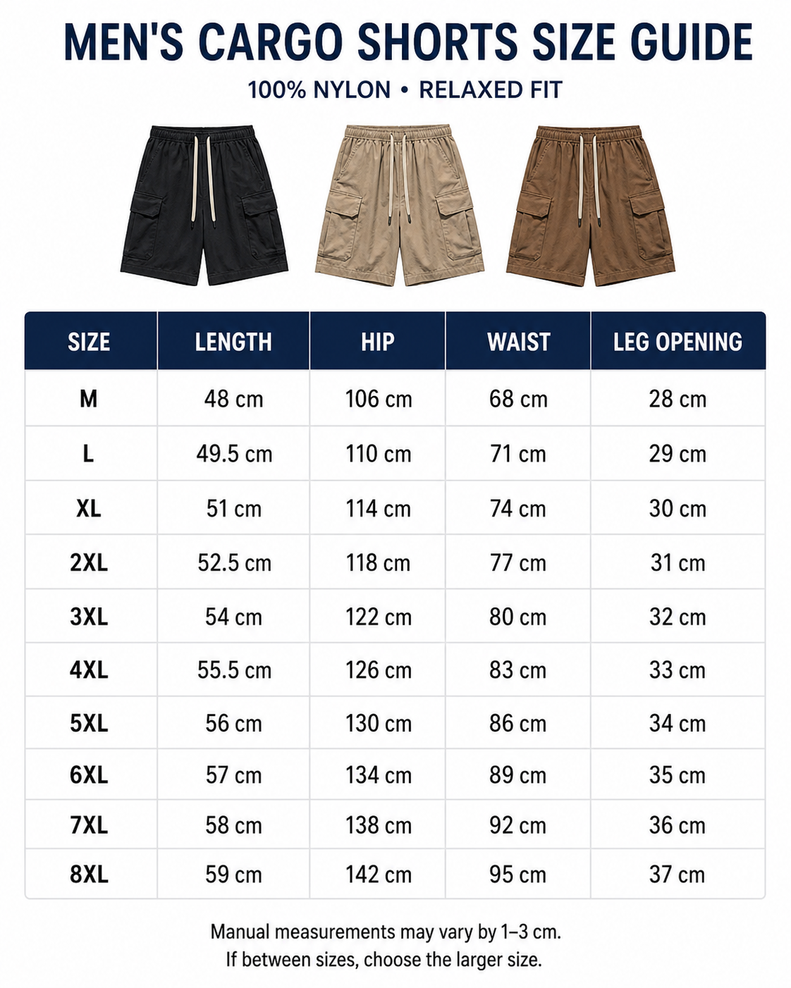 Men's cargo shorts size guide M through 8XL
