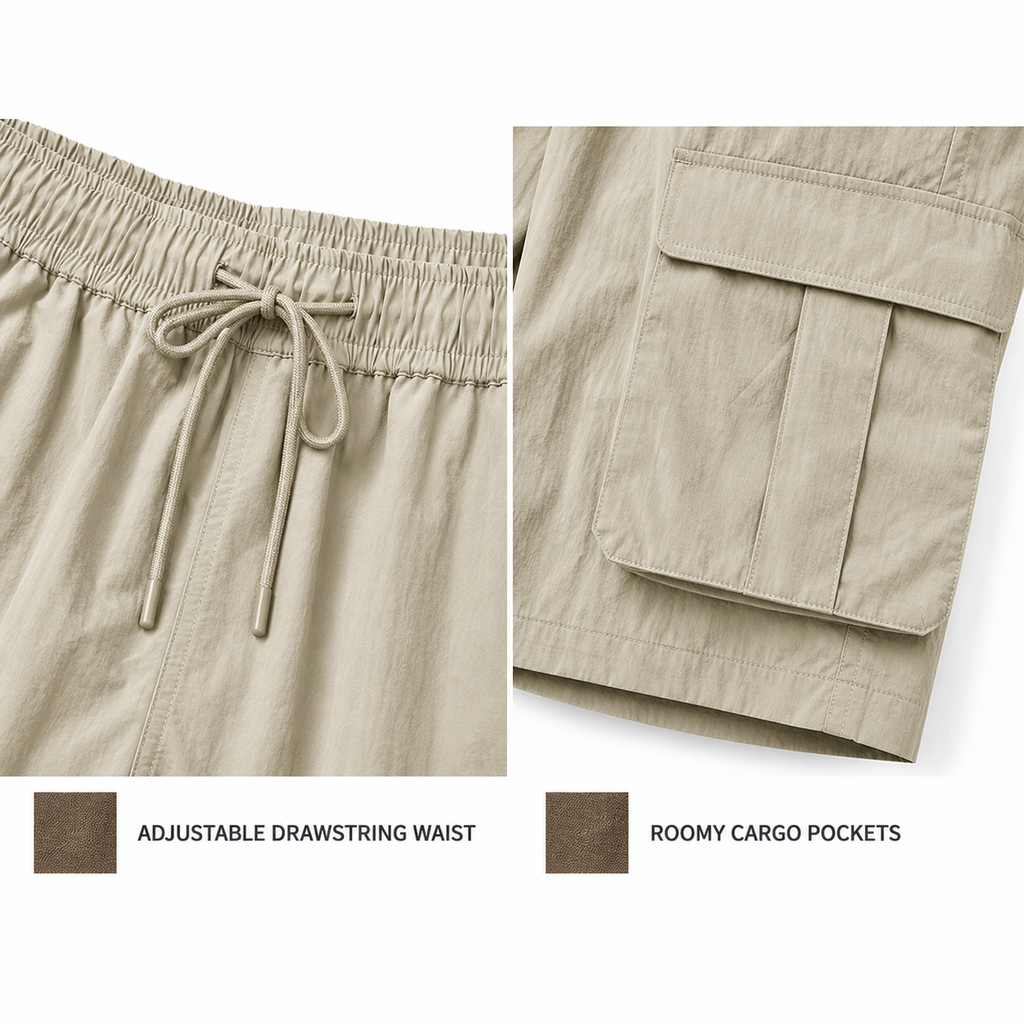 Men's cargo shorts adjustable drawstring waist and utility pocket details