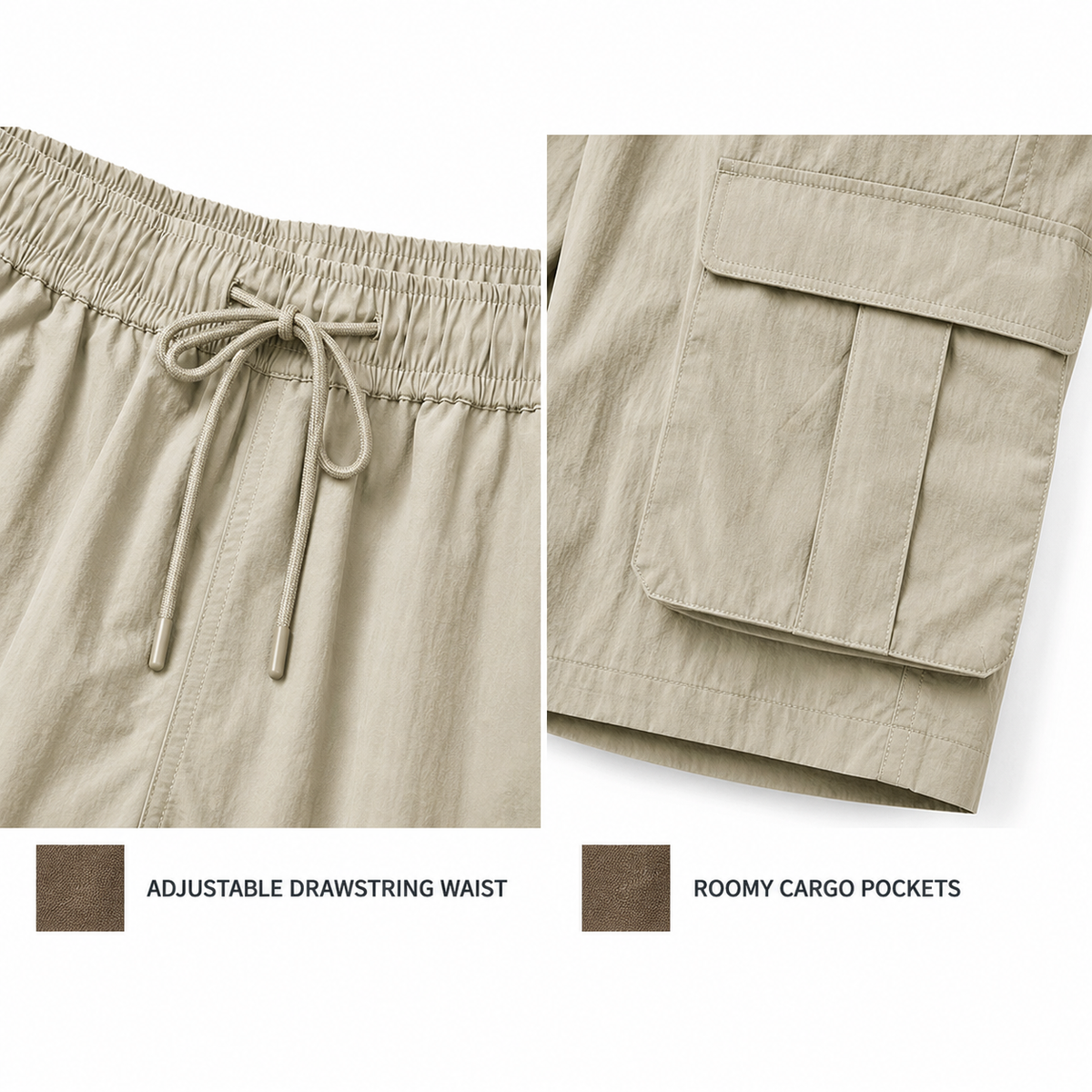 Men's cargo shorts adjustable drawstring waist and utility pocket details