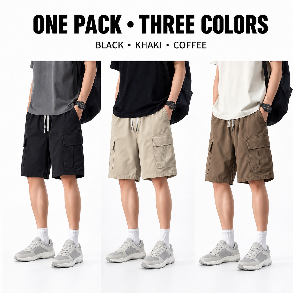 Men's cargo shorts three-pack styling in black, khaki and coffee brown
