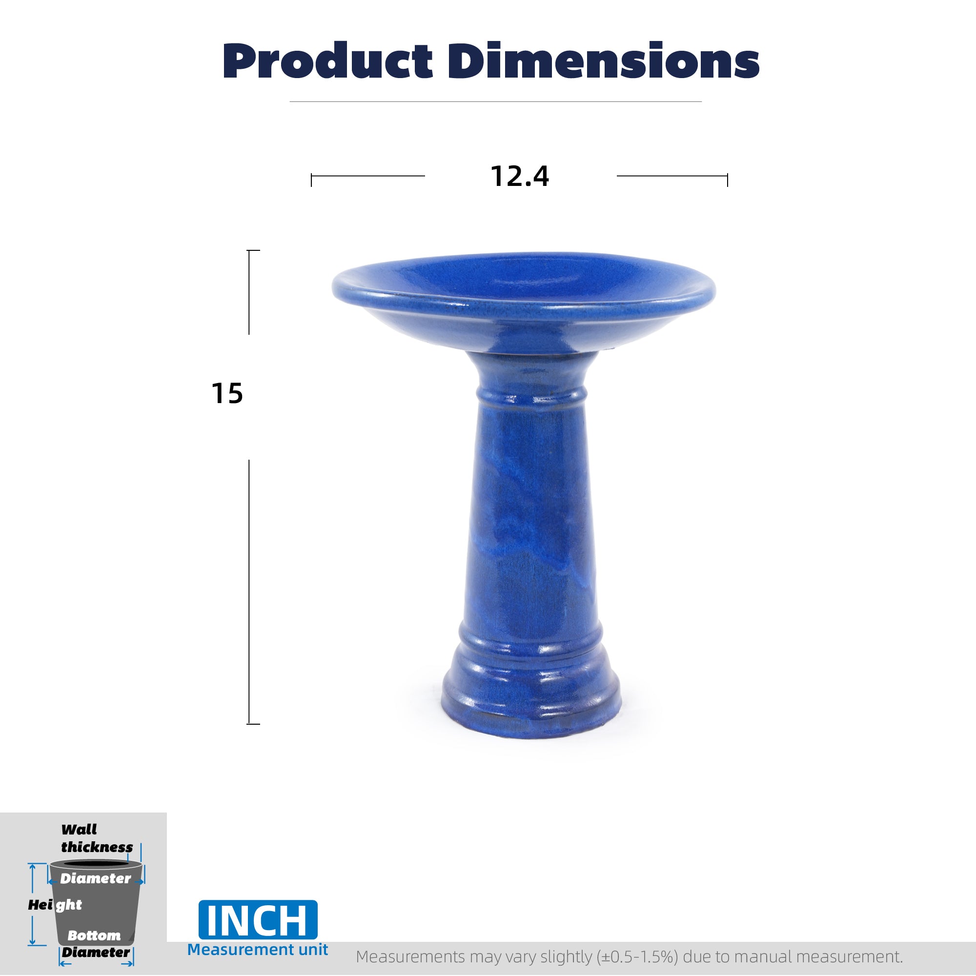 Ceramic Pedestal Bird Bath for Outdoor Garden, 12.2 Inch Diameter Vintage Sapphire Blue Birdbath, Tall Backyard Patio Wild Bird Water Feeder Yard Decor