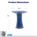 Handmade glazed ceramic bird bath, 17" swirling scroll embossed tray & 18" pedestal base, sapphire blue gradient glaze outdoor bird feeder for yard, lawn, patio & backyard