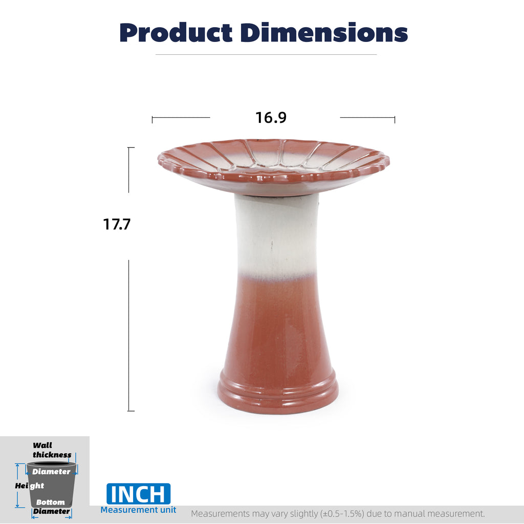 Handmade glazed ceramic bird bath, 17"scalloped tray & 18" pedestal base, rust red off-white gradient glaze outdoor bird feeder for yard, lawn, patio & backyard