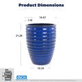 Handmade Sapphire Blue Ceramic Planter, 17 Inch Diameter, 1 Piece, Horizontal Ripples Pattern, for Monstera and Fiddle Leaf Fig, Indoor & Outdoor Doorway Use, Breathable Clay