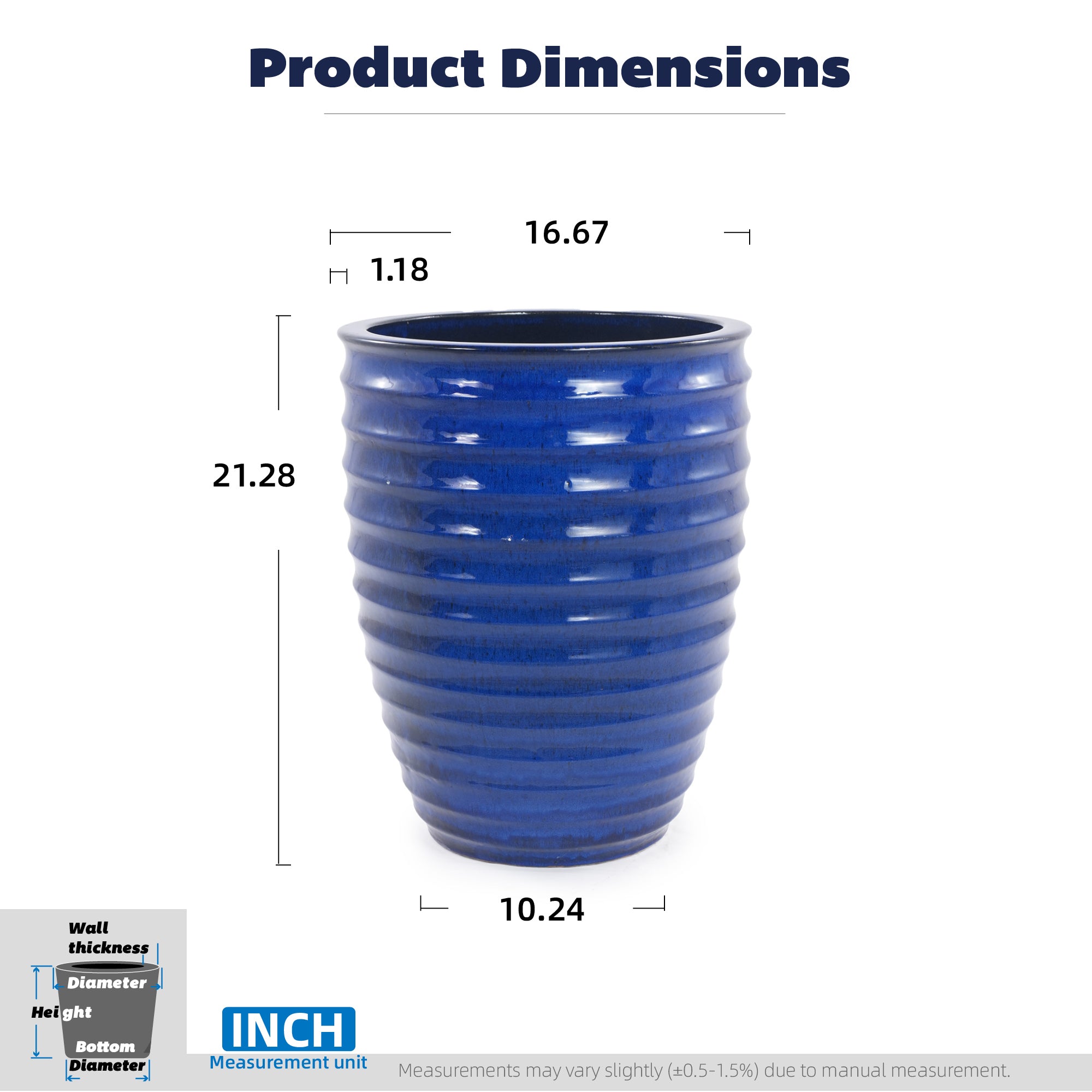 Handmade Sapphire Blue Ceramic Planter, 17 Inch Diameter, 1 Piece, Horizontal Ripples Pattern, for Monstera and Fiddle Leaf Fig, Indoor & Outdoor Doorway Use, Breathable Clay