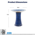 Handmade glazed ceramic bird bath, 17" concentric lotus embossed tray & 18" pedestal base, deep blue pale white gradient glaze outdoor bird feeder for yard, lawn, patio & backyard