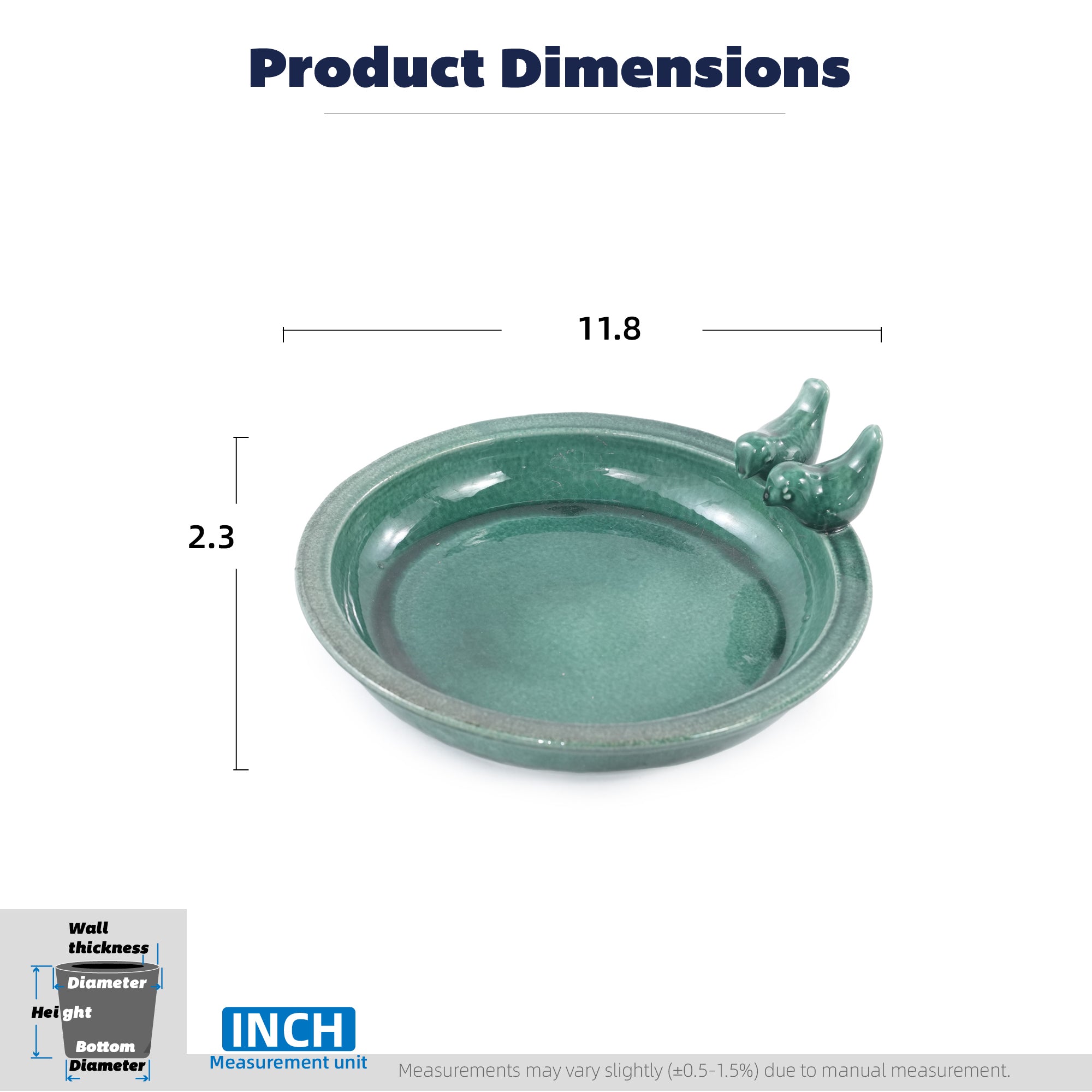 Handmade Ceramic Bird Bath, 11.8 Inch Blue Outdoor Bird Bath Bowl with Vintage Bird Ornaments, Garden Birdbath for Yard, Patio, Backyard Decor, Also Works as Wild Bird Waterer