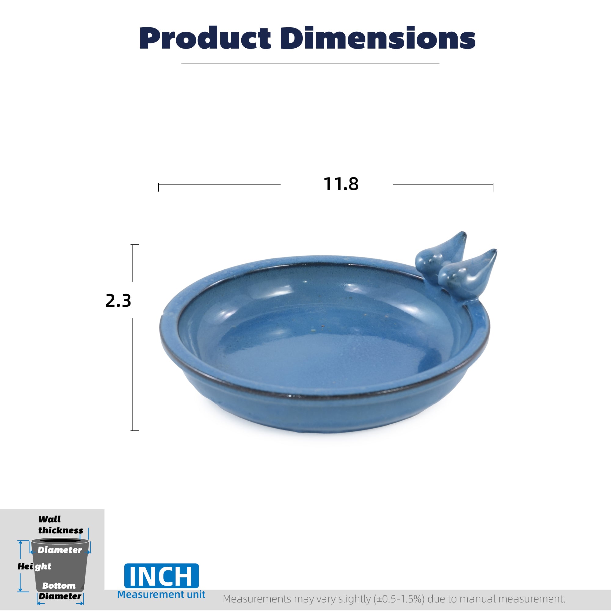 Handmade Ceramic Bird Bath, 11.8 Inch Blue Outdoor Bird Bath Bowl with Vintage Bird Ornaments, Garden Birdbath for Yard, Patio, Backyard Decor, Also Works as Wild Bird Waterer