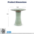 Handmade glazed ceramic bird bath, 17" swirling scroll embossed tray & 18" pedestal base, sage green gradient glaze outdoor bird feeder for yard, lawn, patio & backyard