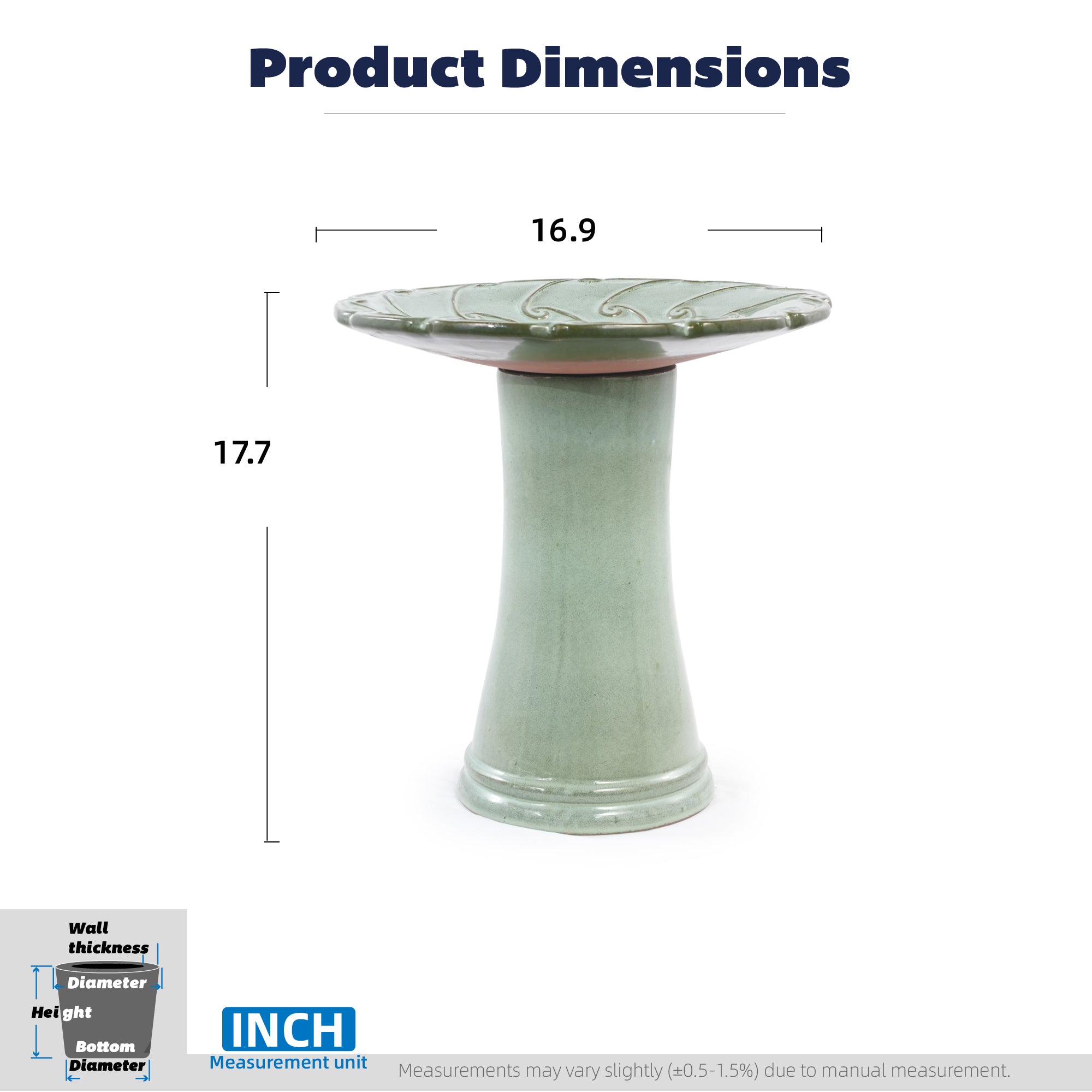 Handmade glazed ceramic bird bath, 17" swirling scroll embossed tray & 18" pedestal base, sage green gradient glaze outdoor bird feeder for yard, lawn, patio & backyard