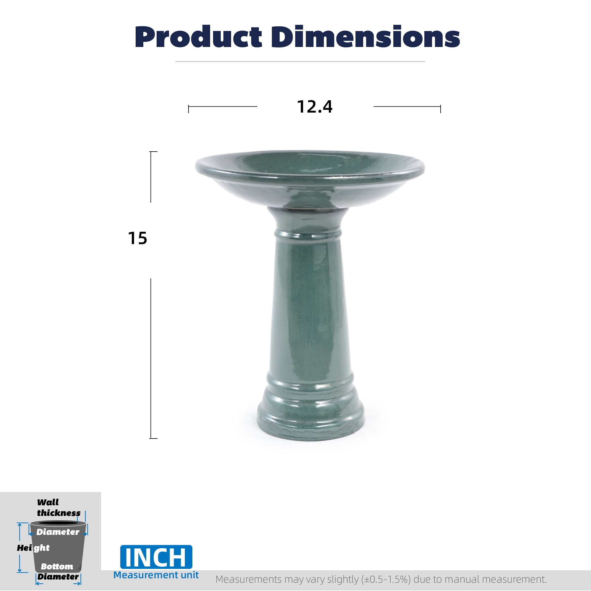 Ceramic Pedestal Bird Bath for Outdoor Garden, 12.2 Inch Diameter Vintage Forest Green Birdbath, Tall Backyard Patio Wild Bird Water Feeder Yard Decor