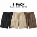 Men's cargo shorts three-pack in black, khaki and coffee brown