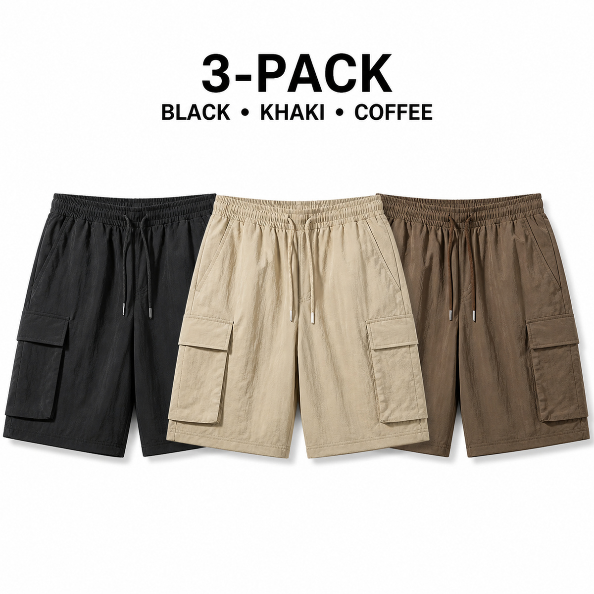 Men's cargo shorts three-pack in black, khaki and coffee brown