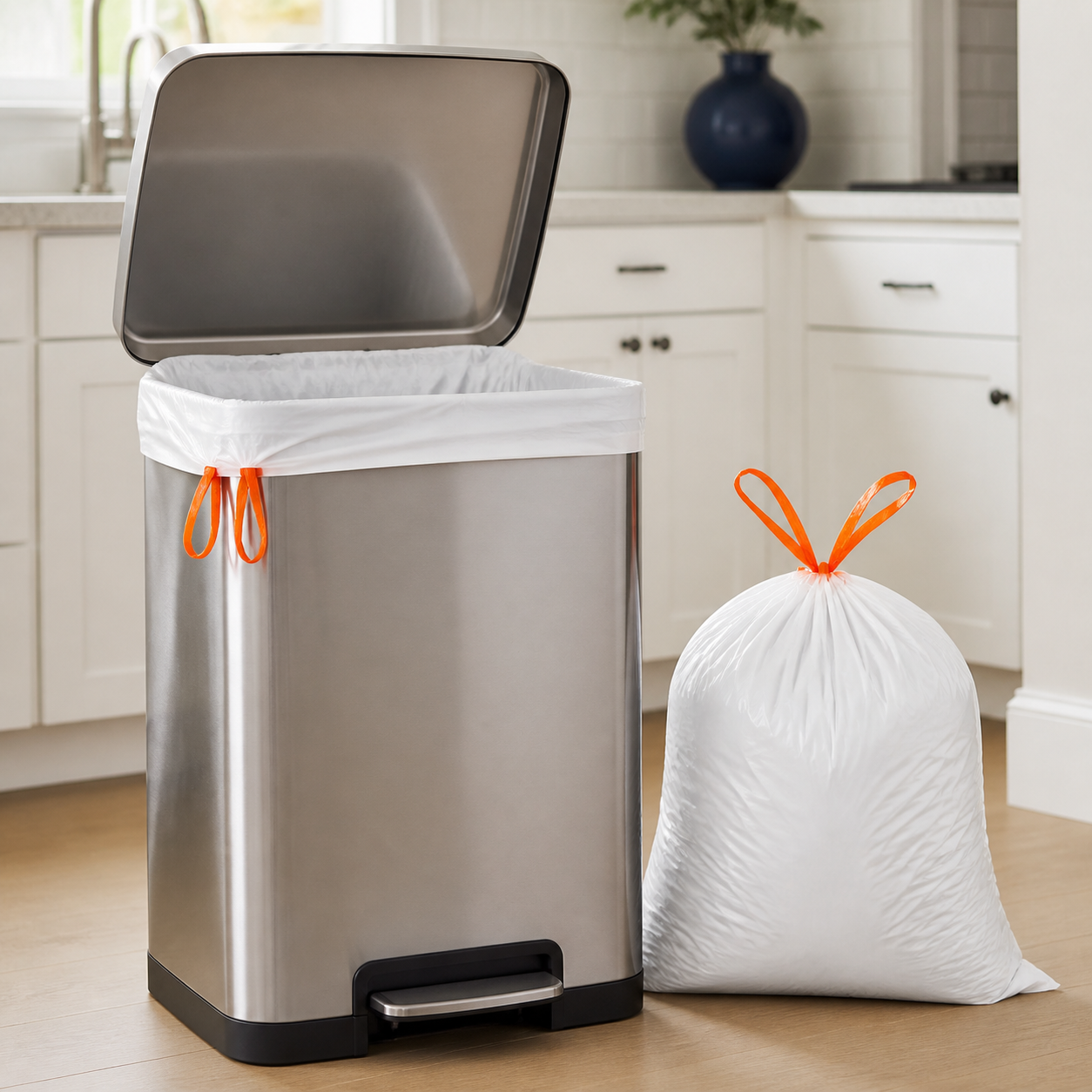 13-gallon drawstring trash bags in a clean kitchen